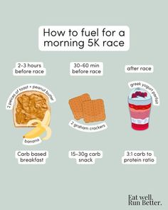 an info poster showing how to fuel for a morning 5k race and what it's really like