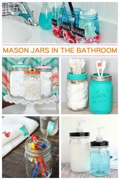 mason jars in the bathroom are filled with toothbrushes, soap and toothpaste