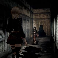 two women walking down a dark hallway in an old fashioned building, one wearing a kilt and the other holding a knife