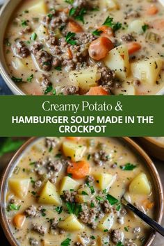 creamy potato and hamburger soup made in the crockpot is ready to be eaten