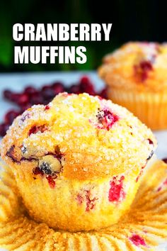 two cranberry muffins sitting on top of each other with the words cranberry muffins above them