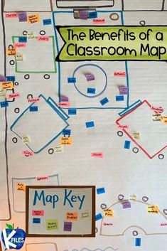 the benefits of a classroom map are shown in this bulletin board with words and pictures on it