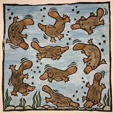 a drawing of beavers swimming in the water