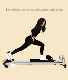 a woman is doing pilates on a treadmill with the words, i'm basically just plates and cafine at this point