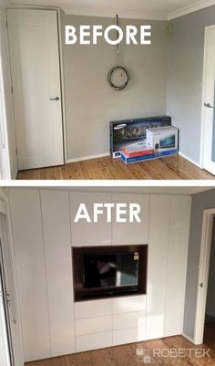 before and after pictures of a living room with white walls, wood flooring and built - in entertainment center