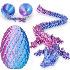 an assortment of toys including a dragon, egg and other items on a white background