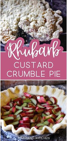 rhubarb custard crumble pie with text overlay