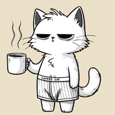 a cartoon cat holding a cup of coffee