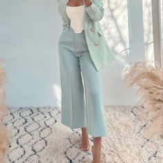 New With Tag Zara Woman Menswear Style Wide Leg Pants Color: Pastel Green / Blue Size: M Front Zipper Closure Approximate Measurement Across Waist: 14.5” Across Hip: 18” Rise: 13.5” Inseam: 24” Length: 37” Thank You For Stopping By #6 Wide Leg Pantsuit For Business Casual In Spring, Summer Workwear Suits With Pockets, Spring High-waisted Office Pants, Spring Office Pants, Tailored High-waisted Dress Pants For Spring, Spring Office Bottoms, Semi-formal Summer Ankle-length Pants, Semi-formal Summer Straight Pants, Green Long Pants For Office