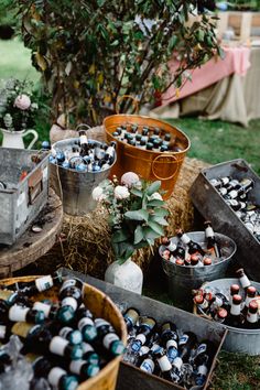 several buckets filled with wine bottles sitting on top of a grass covered field next to a tree