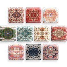 nine square trays with different designs and colors on them, all in various patterns