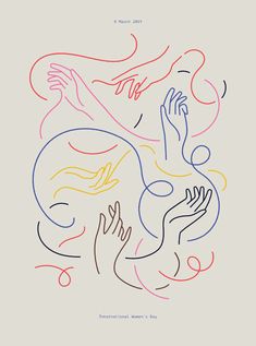 an abstract drawing with different colored lines on the bottom half of it, and two hands reaching for each other