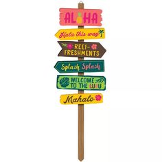 a wooden sign with many different colored signs on it's side and the words aloha written in multiple languages