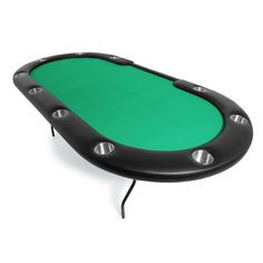 a black and green poker table with four balls on the top, in front of a white background