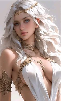 a woman with long white hair and gold jewelry on her chest is posing for the camera