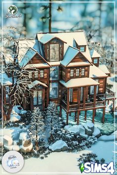 an image of a house in the snow with trees and rocks on the front cover