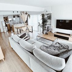 a living room filled with furniture and a flat screen tv on top of a wooden floor