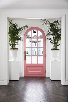 a pink front door with potted plants on either side