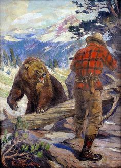 a painting of two men and a bear in the snow with mountains in the background