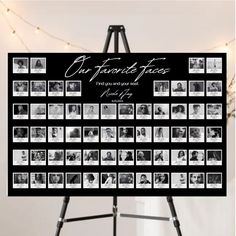 a black and white wedding guest list on a easel with lights in the background