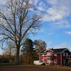 a red house sitting next to a large tree in the middle of a field with no leaves on it