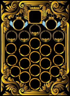 an ornate gold frame with two blue birds on it and some circles around the edges