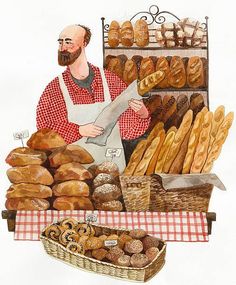 an illustration of a man selling bread and pastries