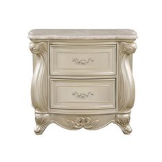 an antique style nightstand with marble top and two drawers on the bottom, in white