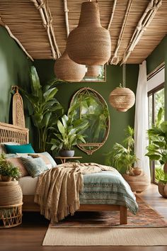 a bedroom with green walls, plants and wicker hanging from the rafters over the bed