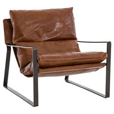 a brown leather chair sitting on top of a metal frame