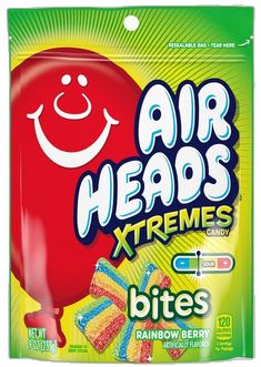 a bag of air heads xtremes candy with rainbow berry on the front and bottom