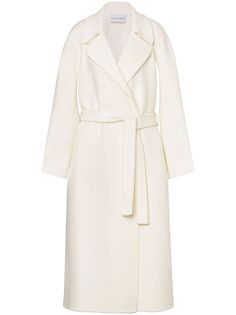 white wool-cashmere blend wide notch lapels belted waist long sleeves slip pockets to the sides mid-length straight hem Dressy Hats, Beautiful Wardrobe, Coat With Belt, City Dress, White Coat, Soft Summer, Fashion Pieces, Alberta Ferretti, Summer Beach Wear