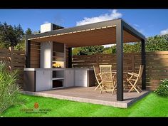 an outdoor kitchen and dining area is shown in this 3d image, with grass surrounding it