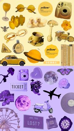 a collage of various items that are purple and yellow