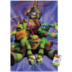 the teenage mutant turtles are sitting on top of each other in front of a blue background