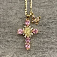 Gold plated necklace Butterfly charm not included Pendant measurement: 4.5cm long x 2.8cm wide 3MM figaro chain included Pink Cross Necklace, Cross Charm Necklace, Necklace Butterfly, Keychain Necklace, Pink Cross, Figaro Chain, Anklet Bracelet, Gold Plated Bracelets, Evil Eye Necklace