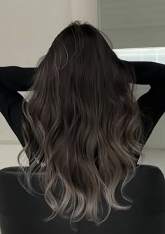 Double Ash Blonde Hair, Darker Hair Balayage, Dark Hair Colors 2023, Ash Streaks On Black Hair, Black Fading Into Blonde Hair, Hair Color Aesthetic Ideas, Ash Highlights Dark Brown Hair, Silver Highlights For Dark Brown Hair, Deep Ash Brown Hair Dark