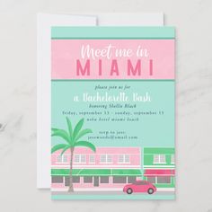 a pink car is parked in front of a palm tree and the words meet me in miami