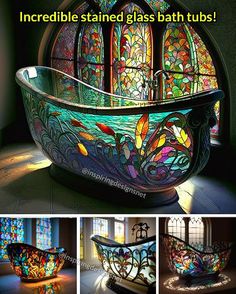 an elaborate stained glass bathtub in the middle of three photos with different lighting effects