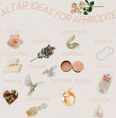 an array of items that include flowers, candles, and other things on a white background