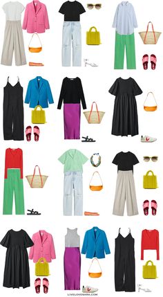 Summer Capsule Wardrobe 2023 Colorful, Colour Capsule Wardrobe, Colorful Travel Outfits, Minimalist With Pop Of Color Fashion, Colourful Capsule Wardrobe 2023, Eccentric Capsule Wardrobe, Colorful Spring Capsule Wardrobe, Capsule Wardrobe Colourful, Colorful Capsule Wardrobe Summer