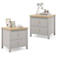 two nightstands with drawers and one has a coffee cup on it