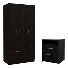 a black armoire with two drawers next to it