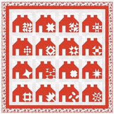 "Little Village Quilt Pattern (PDF Download) Finished Size:  Throw- 66 1/2\" x 66 1/2\" This is a lovely sampler quilt.  Each house features a different block on the side of it. Fabric Requirements: 16 fat quarters 1 1/4 yards white print #1 3/4 yard solid white fabric 1 1/3 yard white print #2  1/2 yard red print  5/8 yard white print #3 5/8 yard of binding fabric 4 1/4 yards of backing fabric 73\" x 73\" piece of batting  Basic knowledge of quilt piecing is expected to be able to use this pattern.  This pattern is great for the advanced beginner and beyond. ABOUT THE PDF PATTERN: This listing is for a PDF/digital copy of this quilt pattern in ENGLISH only. After purchase you will receive an email from Etsy with a link to download the PDF file to your computer. Alternatively, you can find Village Quilt Pattern, Schoolhouse Quilts, Stash Bandit, Red White Quilt, Quilted Houses, Library Quilt, Quilt Houses, Quilt Block Of The Month, Row Quilts