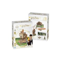 two harry potter paper toys are shown in front of the box and behind it is an image of hogwart's castle