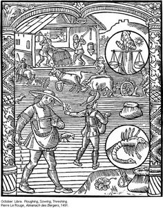 an old drawing of people and animals in a medieval setting, vintage line drawing or engraving illustration