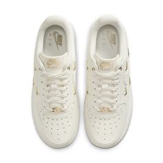 (WMNS) Nike Air Force 1 Low 'White Mini Gold Swooshes' FV3654-111 Nike Air Force 1 Gold And White, Gold Air Force 1, White Nike Shoes, Nike Airforce 1, White Jordans, Mini Gold, Nike Air Force 1 07, Cute Sneakers, Nike Air Force 1 Low