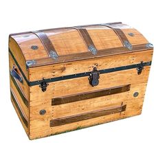 an old wooden chest with metal straps on the top and bottom, sitting in front of a white background