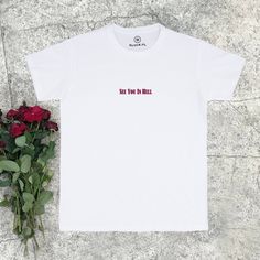 "See You In Hell. High-quality classic cut T-shirt designed by us and made in Poland. JOIN US ON INSTAGRAM 🌹 http://instagram.com/blvck.pl 🏷 PRODUCT DETAILS 🏷 Hand-printed Crew neck 100% High-quality Cotton Made in Poland 📏 SIZING & FIT 📏 All our sweatshirts and T-shirts are unisex. Measurements (width/length) XS - 49/64 cm (19\"/25\") S - 51/68 cm (20\"/27\") M - 53/70 cm (21\"/27.5\") L - 55/72 cm (21.5\"/28\") XL - 57/74 cm (22.5\"/29\") 📦 SHIPPING AND DELIVERY 📦 We aim to process Cut Tshirt Designs, Billie Eilish Merch, Mental Health T Shirts, Japanese Shirt, T Shirt Aesthetic, Grunge Shirt, Japanese Tshirt, Clothing Aesthetic, Hoodie Aesthetic