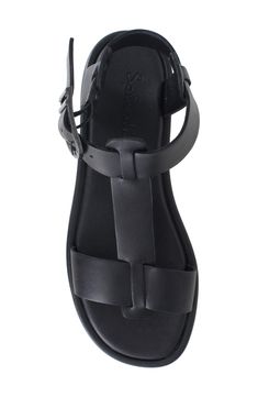 Easy casual style is the name of the game with this versatile sandal featuring smooth leather straps. Adjustable ankle strap with buckle closure Cushioned footbed Leather upper/synthetic lining and sole Imported Black Leather Strap Sport Sandals, Black Leather Sport Sandals With Strap, Modern Black Ankle Strap Footbed Sandals, Modern T-strap Sandals With Buckle Closure And Round Toe, Modern Black Footbed Sandals With Ankle Strap, Synthetic T-strap Sandals With Buckle Closure, Synthetic Slingback Sandals With Ankle Strap And Buckle, Synthetic Ankle Strap Slingback Sandals With Buckle, Synthetic Single Toe Strap Slingback Sandals With Buckle Closure